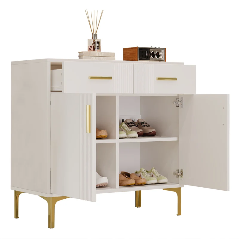 Buffet moderne blanc 2 portes et 2 tiroirs , poignées et pieds dorés 80x35x79,5cm VIVIDARA