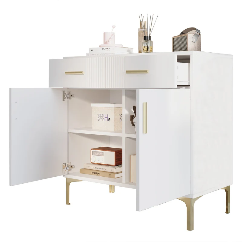 Buffet moderne blanc 2 portes et 2 tiroirs , poignées et pieds dorés 80x35x79,5cm VIVIDARA