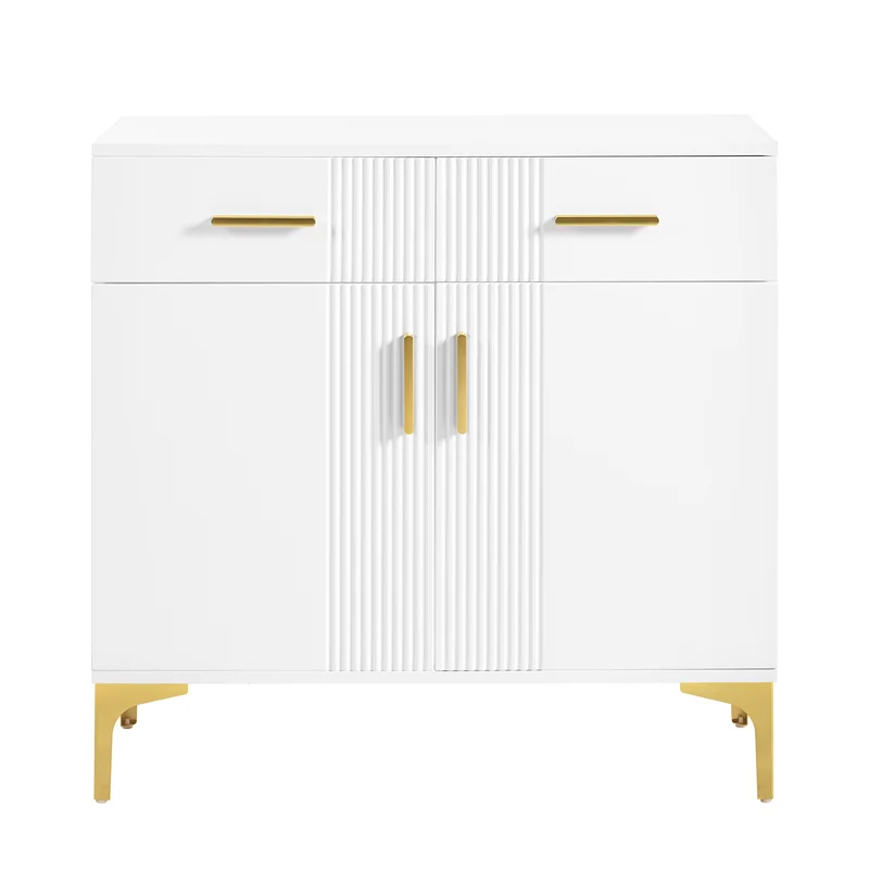 Buffet moderne blanc 2 portes et 2 tiroirs , poignées et pieds dorés 80x35x79,5cm VIVIDARA