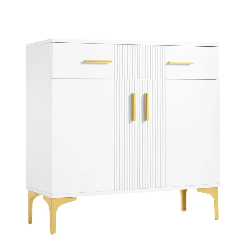 Buffet moderne blanc 2 portes et 2 tiroirs , poignées et pieds dorés 80x35x79,5cm VIVIDARA