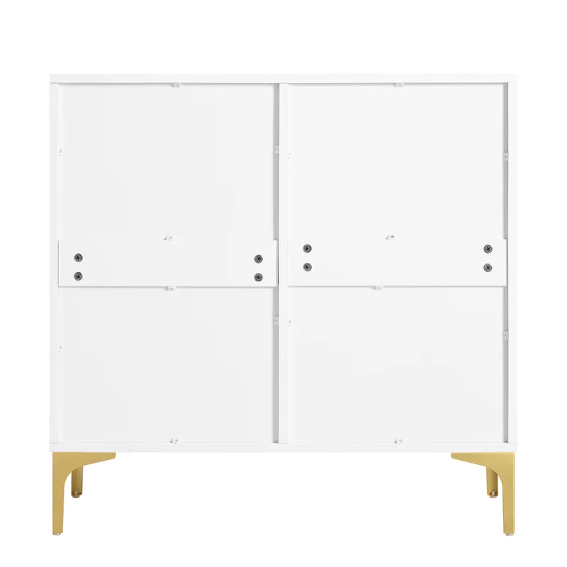 Buffet moderne blanc 2 portes et 2 tiroirs , poignées et pieds dorés 80x35x79,5cm VIVIDARA
