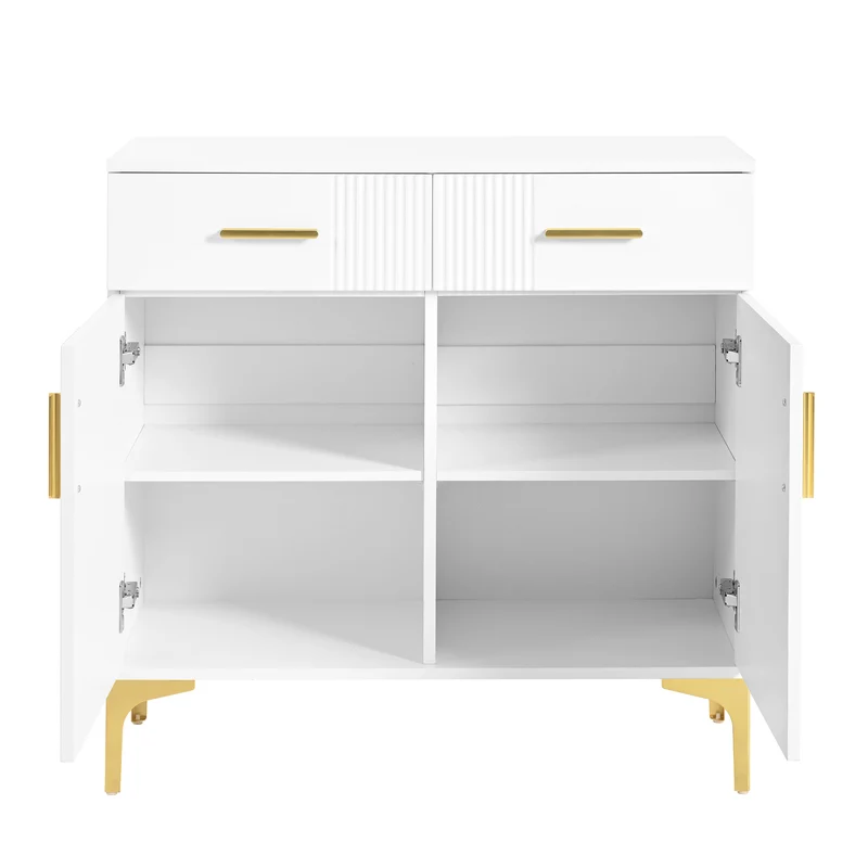Buffet moderne blanc 2 portes et 2 tiroirs , poignées et pieds dorés 80x35x79,5cm VIVIDARA
