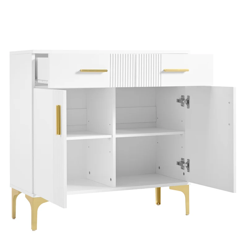 Buffet moderne blanc 2 portes et 2 tiroirs , poignées et pieds dorés 80x35x79,5cm VIVIDARA