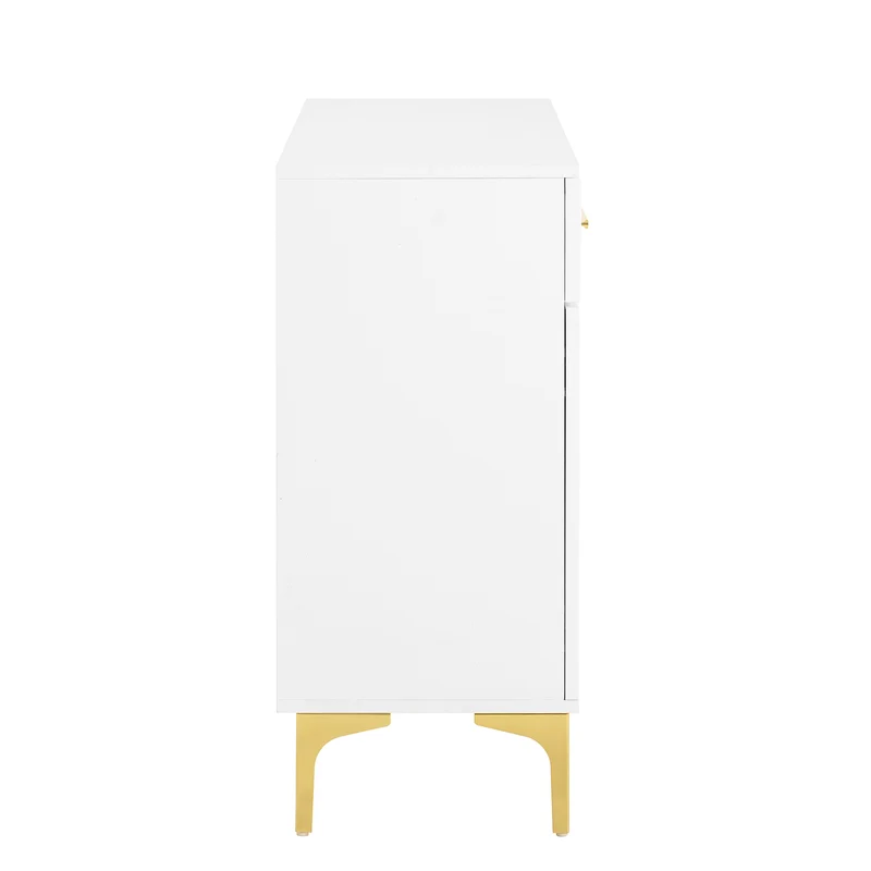 Buffet moderne blanc 2 portes et 2 tiroirs , poignées et pieds dorés 80x35x79,5cm VIVIDARA