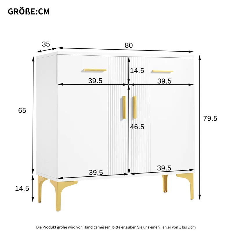 Buffet moderne blanc 2 portes et 2 tiroirs , poignées et pieds dorés 80x35x79,5cm VIVIDARA