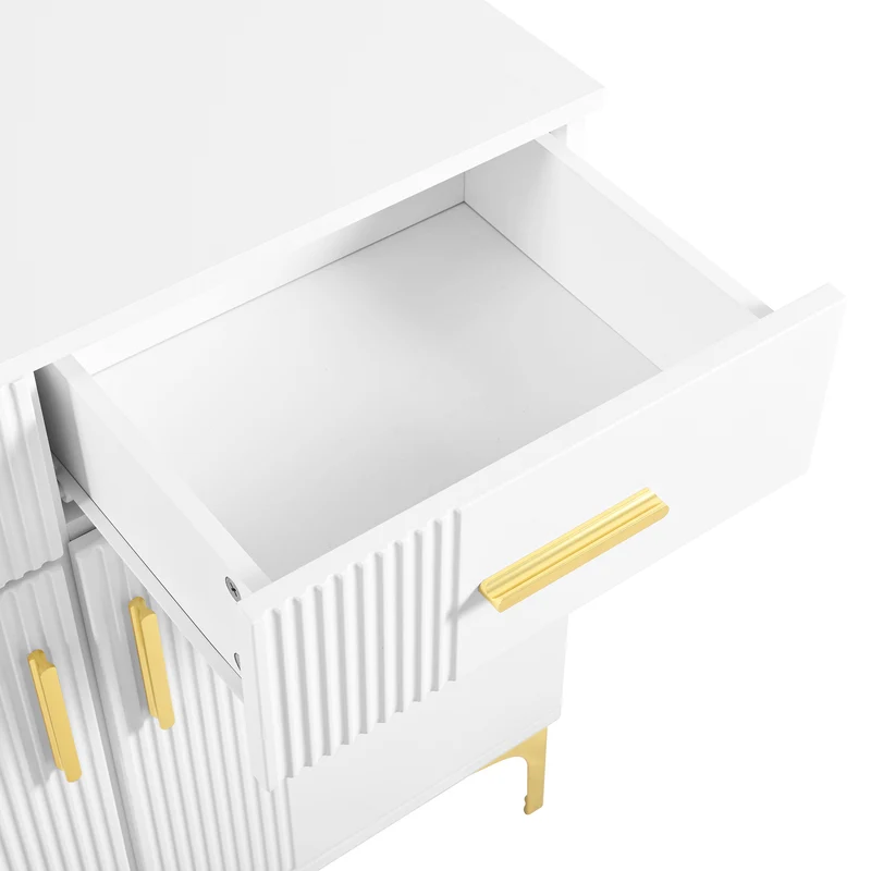 Buffet moderne blanc 2 portes et 2 tiroirs , poignées et pieds dorés 80x35x79,5cm VIVIDARA