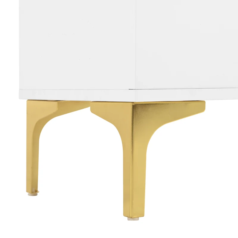 Buffet moderne blanc 2 portes et 2 tiroirs , poignées et pieds dorés 80x35x79,5cm VIVIDARA