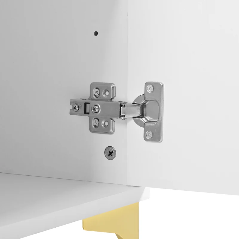 Buffet moderne blanc 2 portes et 2 tiroirs , poignées et pieds dorés 80x35x79,5cm VIVIDARA