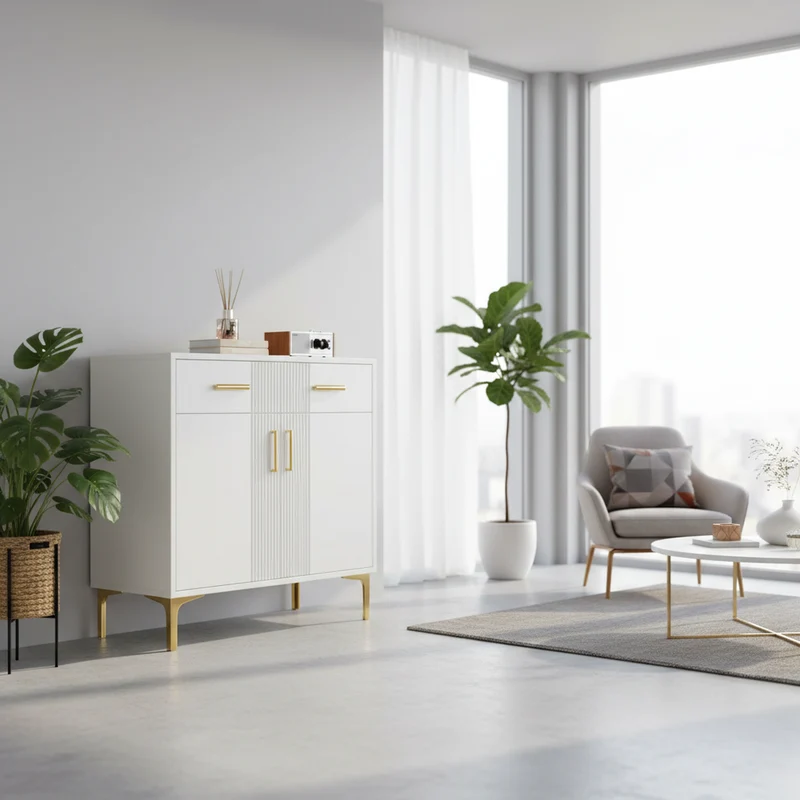 Buffet moderne blanc 2 portes et 2 tiroirs , poignées et pieds dorés 80x35x79,5cm VIVIDARA