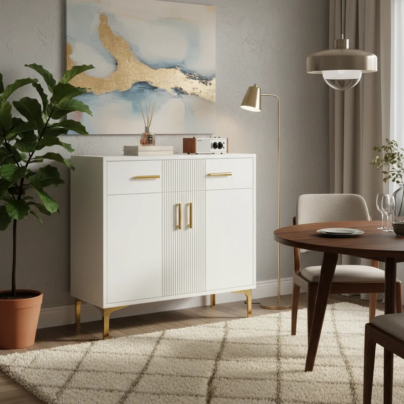 Buffet moderne blanc 2 portes et 2 tiroirs , poignées et pieds dorés 80x35x79,5cm VIVIDARA