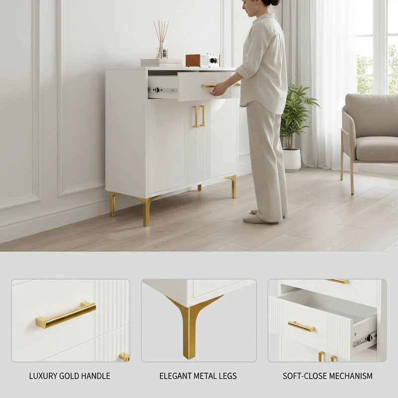 Buffet moderne blanc 2 portes et 2 tiroirs , poignées et pieds dorés 80x35x79,5cm VIVIDARA