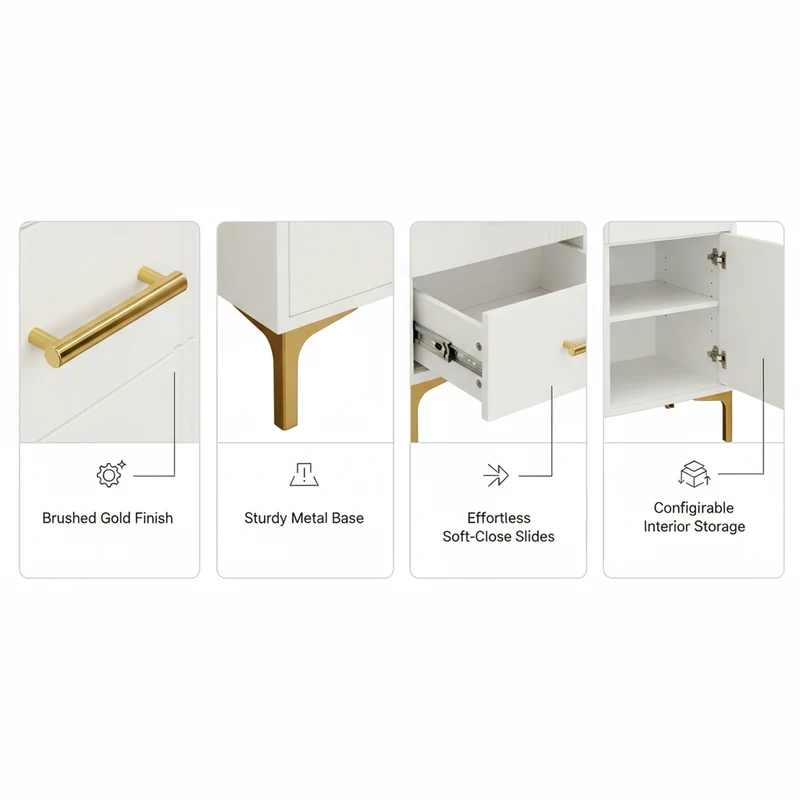 Buffet moderne blanc 2 portes et 2 tiroirs , poignées et pieds dorés 80x35x79,5cm VIVIDARA