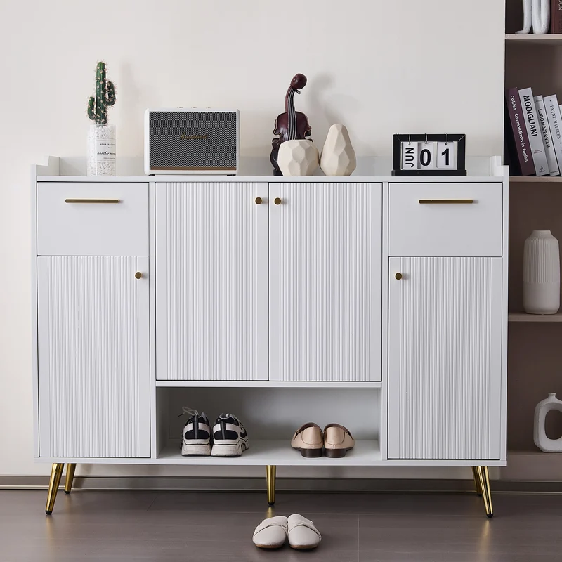 Meuble à chaussures blanc 2 tiroirs, 4 portes, pieds en métal dorés 130x37x100cm COBALTENO