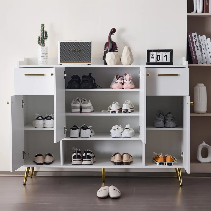 Meuble à chaussures blanc 2 tiroirs, 4 portes, pieds en métal dorés 130x37x100cm COBALTENO