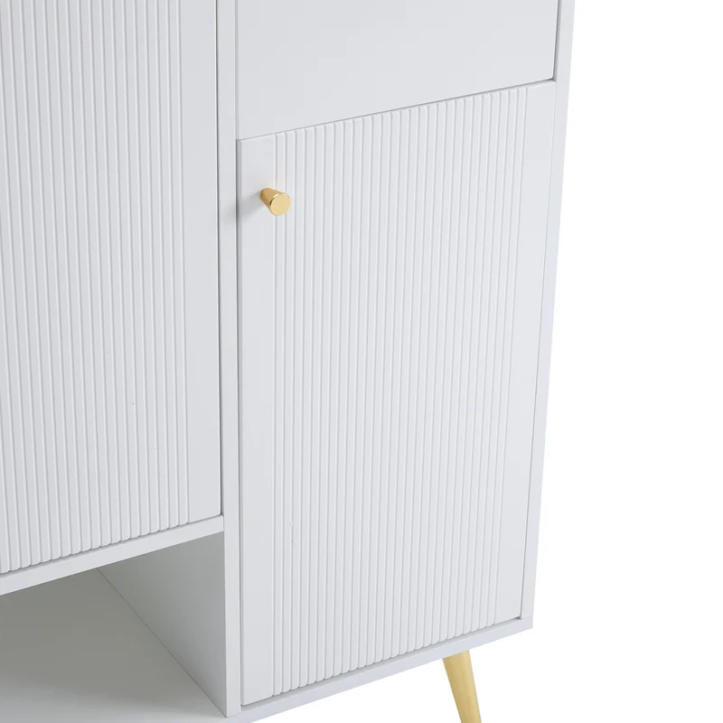 Meuble à chaussures blanc 2 tiroirs, 4 portes, pieds en métal dorés 130x37x100cm COBALTENO