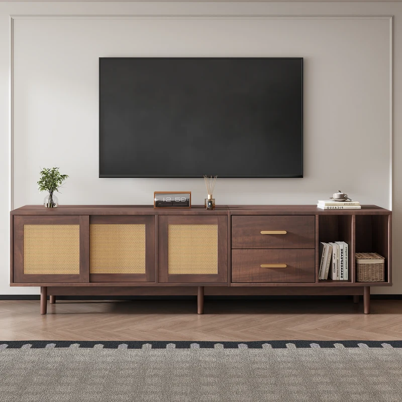 Meuble TV effet bois noyer et 3 portes en rotin 2 tiroirs 190x40x52 cm TERRALON