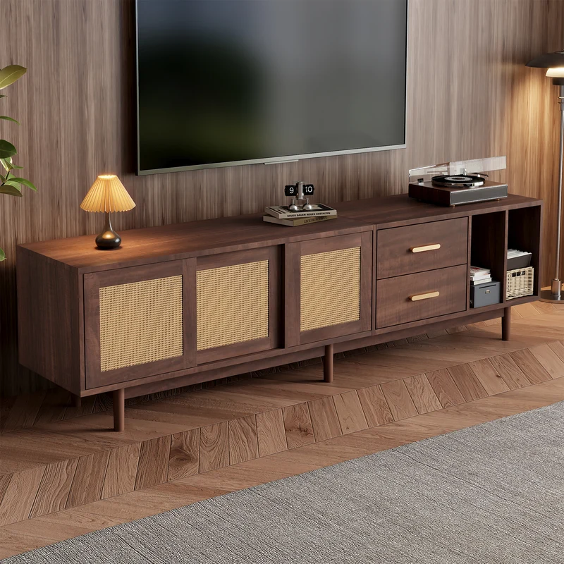 Meuble TV effet bois noyer et 3 portes en rotin 2 tiroirs 190x40x52 cm TERRALON