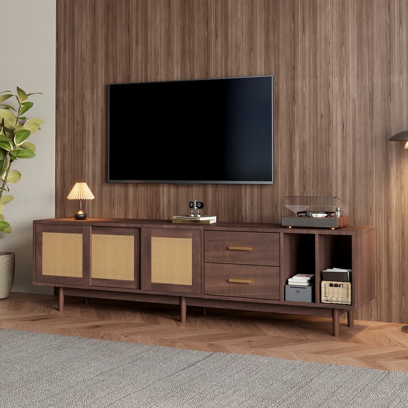Meuble TV effet bois noyer et 3 portes en rotin 2 tiroirs 190x40x52 cm TERRALON