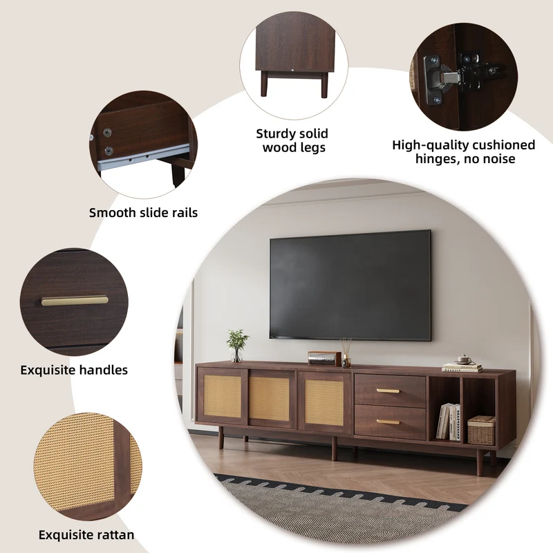 Meuble TV effet bois noyer et 3 portes en rotin 2 tiroirs 190x40x52 cm TERRALON