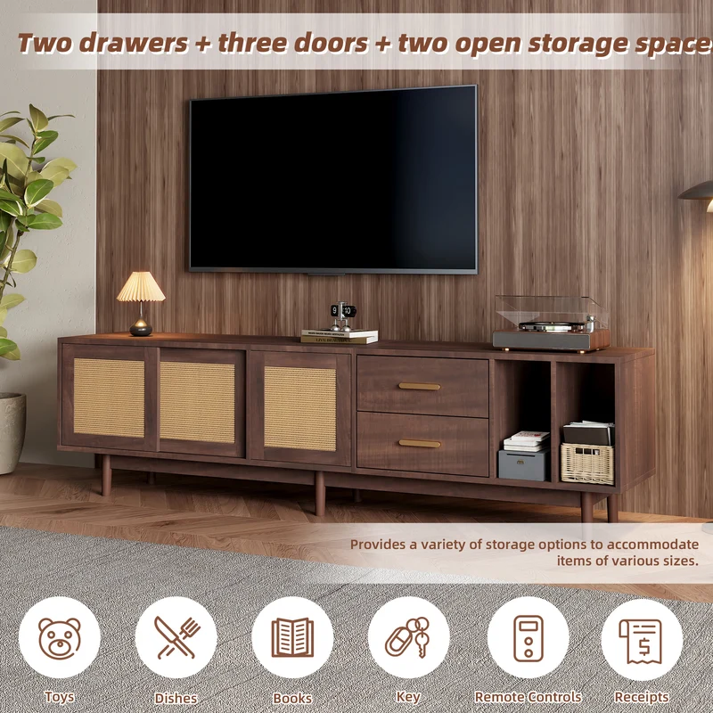 Meuble TV effet bois noyer et 3 portes en rotin 2 tiroirs 190x40x52 cm TERRALON