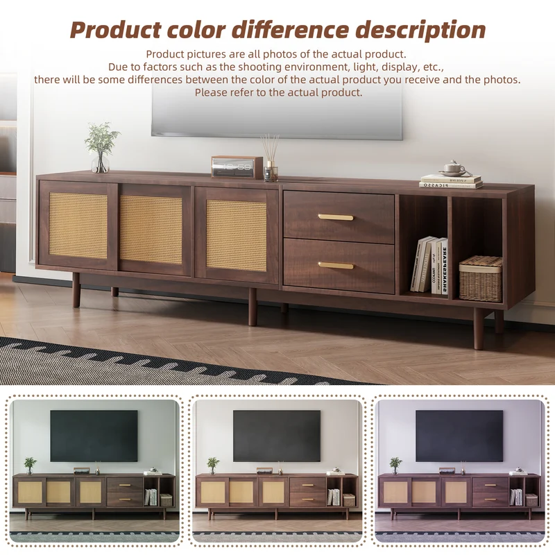 Meuble TV effet bois noyer et 3 portes en rotin 2 tiroirs 190x40x52 cm TERRALON