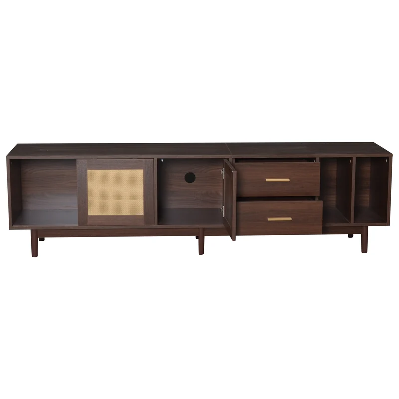 Meuble TV effet bois noyer et 3 portes en rotin 2 tiroirs 190x40x52 cm TERRALON