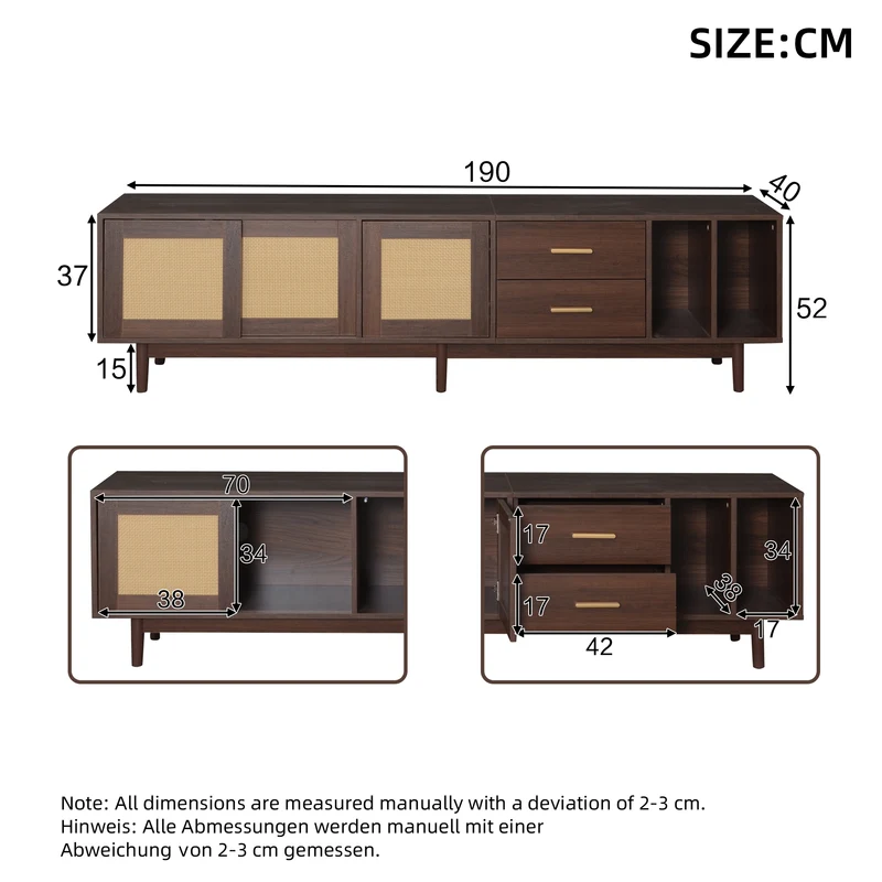 Meuble TV effet bois noyer et 3 portes en rotin 2 tiroirs 190x40x52 cm TERRALON