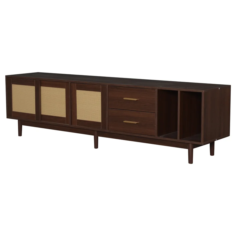 Meuble TV effet bois noyer et 3 portes en rotin 2 tiroirs 190x40x52 cm TERRALON