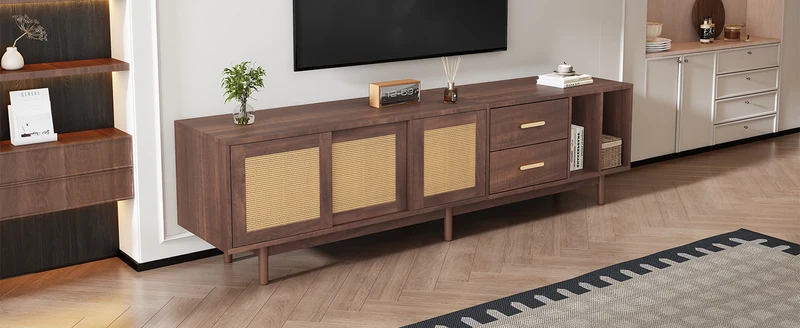 Meuble TV effet bois noyer et 3 portes en rotin 2 tiroirs 190x40x52 cm TERRALON