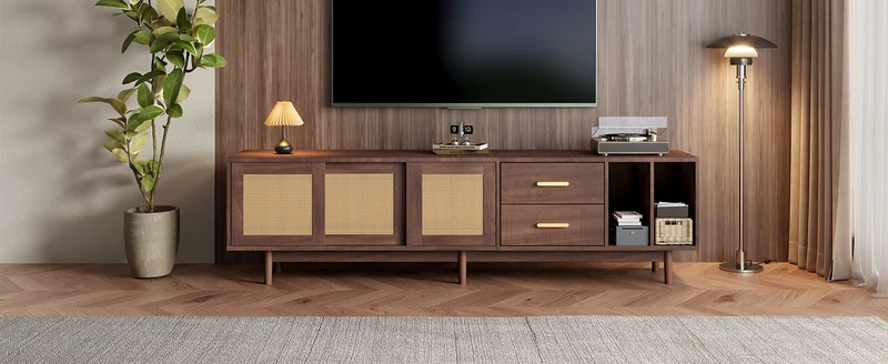 Meuble TV effet bois noyer et 3 portes en rotin 2 tiroirs 190x40x52 cm TERRALON