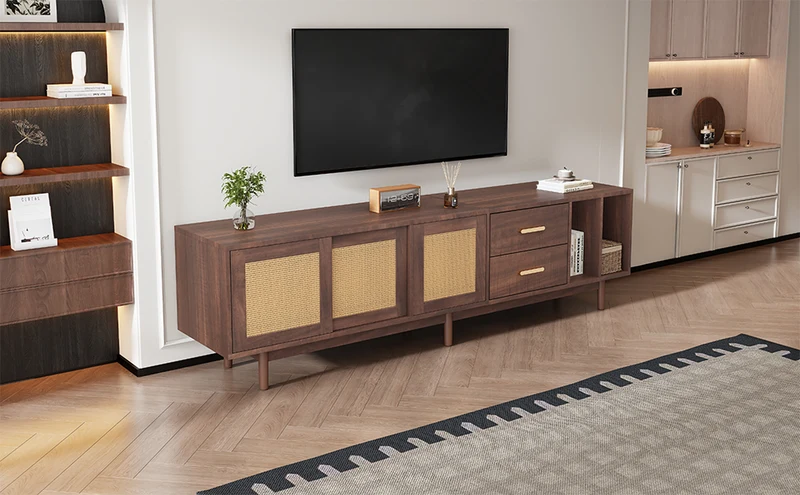 Meuble TV effet bois noyer et 3 portes en rotin 2 tiroirs 190x40x52 cm TERRALON