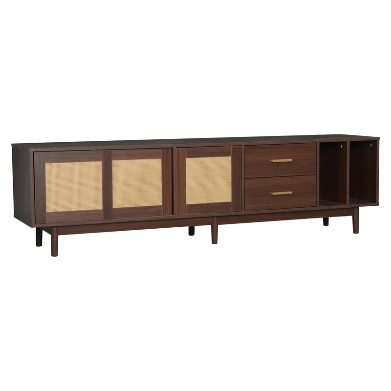 Meuble TV effet bois noyer et 3 portes en rotin 2 tiroirs 190x40x52 cm TERRALON