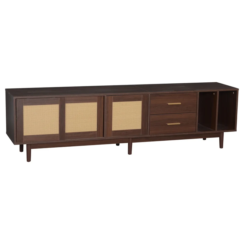Meuble TV effet bois noyer et 3 portes en rotin 2 tiroirs 190x40x52 cm TERRALON