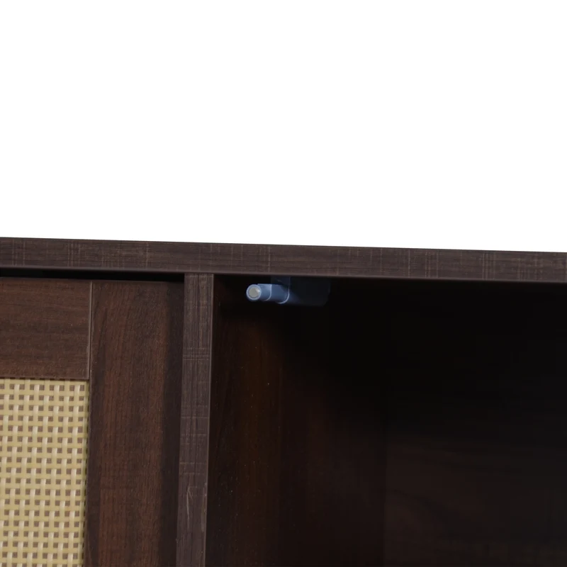 Meuble TV effet bois noyer et 3 portes en rotin 2 tiroirs 190x40x52 cm TERRALON