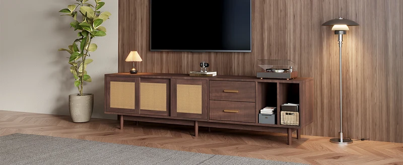 Meuble TV effet bois noyer et 3 portes en rotin 2 tiroirs 190x40x52 cm TERRALON