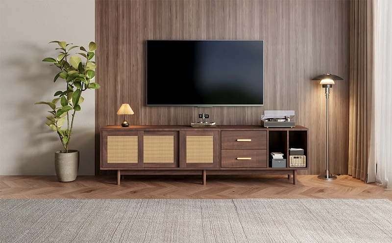 Meuble TV effet bois noyer et 3 portes en rotin 2 tiroirs 190x40x52 cm TERRALON