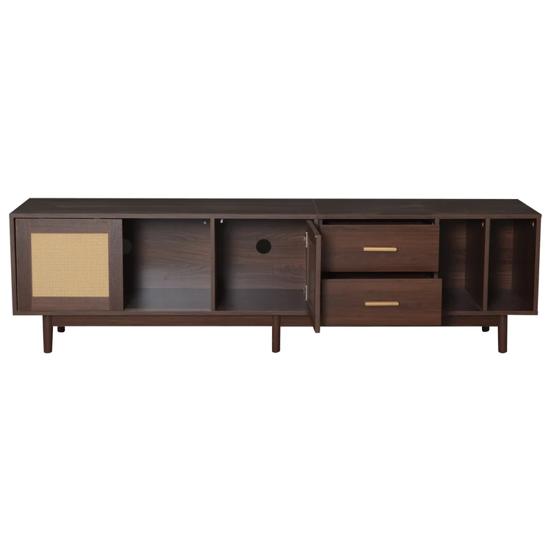 Meuble TV effet bois noyer et 3 portes en rotin 2 tiroirs 190x40x52 cm TERRALON