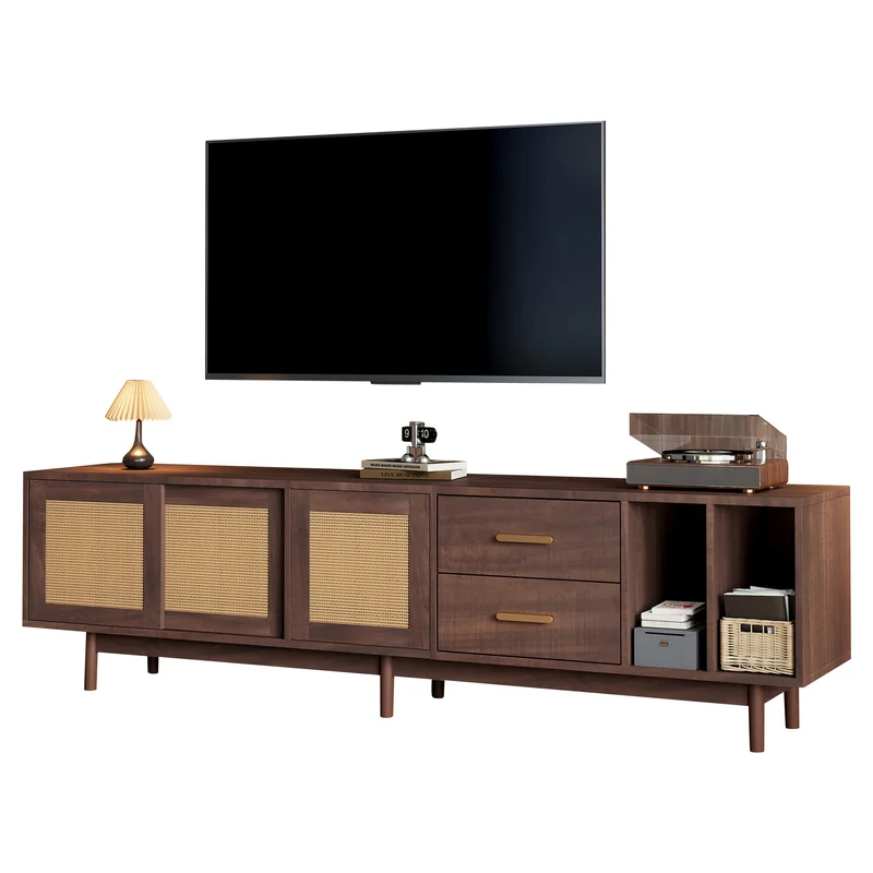 Meuble TV effet bois noyer et 3 portes en rotin 2 tiroirs 190x40x52 cm TERRALON