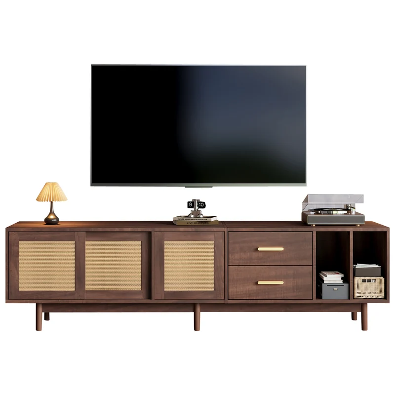 Meuble TV effet bois noyer et 3 portes en rotin 2 tiroirs 190x40x52 cm TERRALON