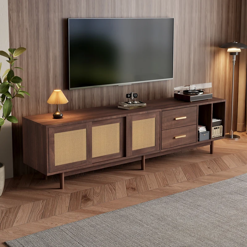 Meuble TV effet bois noyer et 3 portes en rotin 2 tiroirs 190x40x52 cm TERRALON