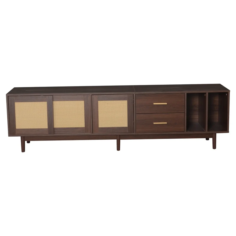 Meuble TV effet bois noyer et 3 portes en rotin 2 tiroirs 190x40x52 cm TERRALON