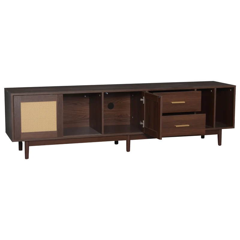 Meuble TV effet bois noyer et 3 portes en rotin 2 tiroirs 190x40x52 cm TERRALON