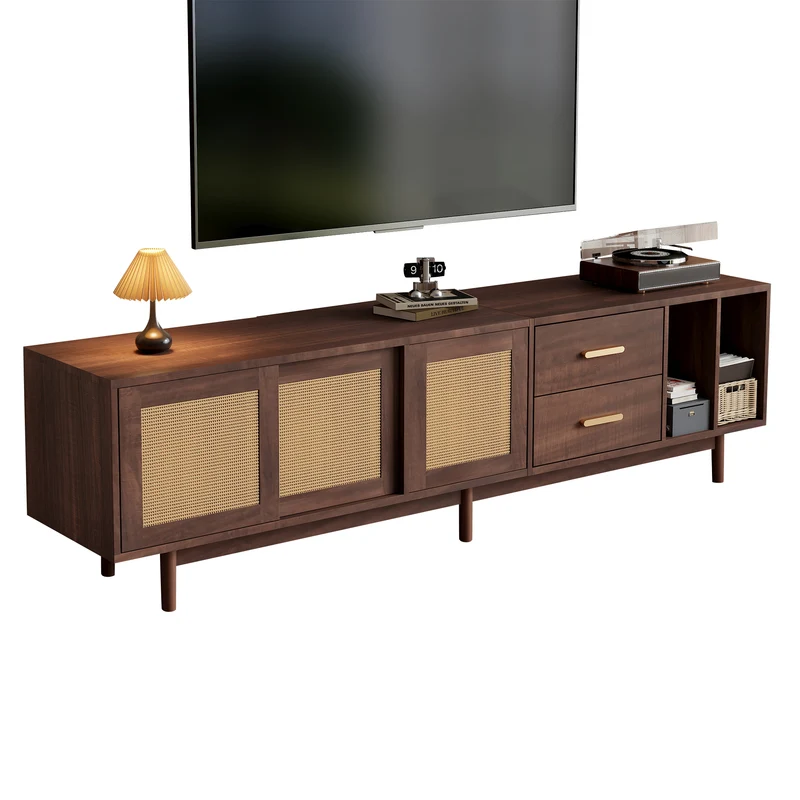 Meuble TV effet bois noyer et 3 portes en rotin 2 tiroirs 190x40x52 cm TERRALON