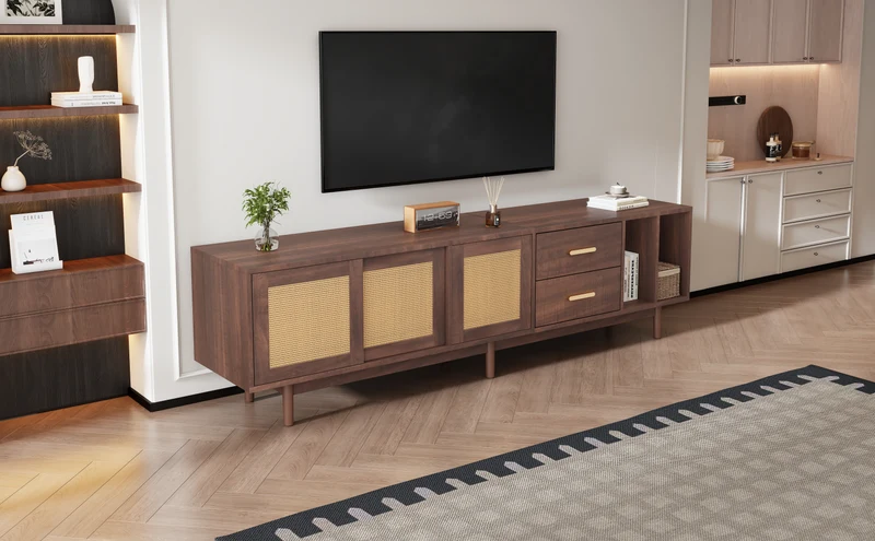 Meuble TV effet bois noyer et 3 portes en rotin 2 tiroirs 190x40x52 cm TERRALON