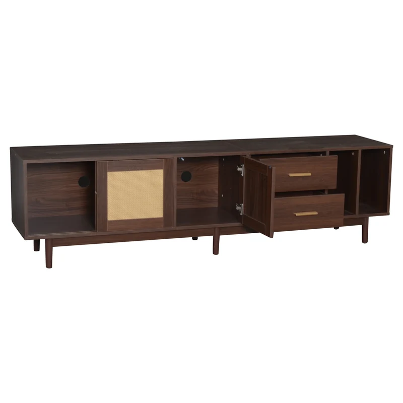 Meuble TV effet bois noyer et 3 portes en rotin 2 tiroirs 190x40x52 cm TERRALON