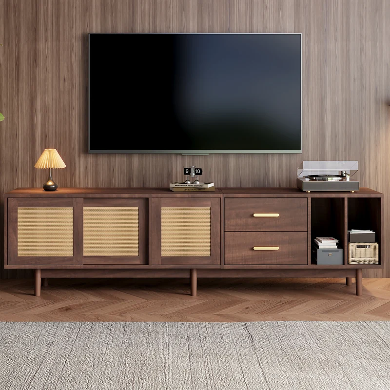 Meuble TV effet bois noyer et 3 portes en rotin 2 tiroirs 190x40x52 cm TERRALON
