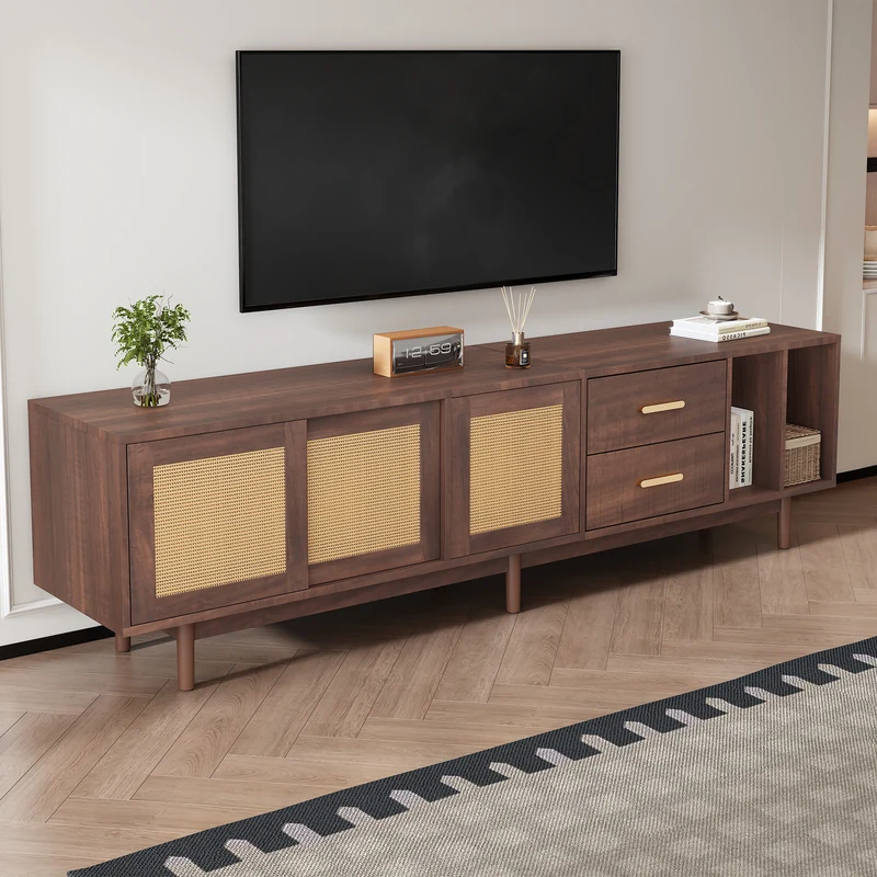 Meuble TV effet bois noyer et 3 portes en rotin 2 tiroirs 190x40x52 cm TERRALON