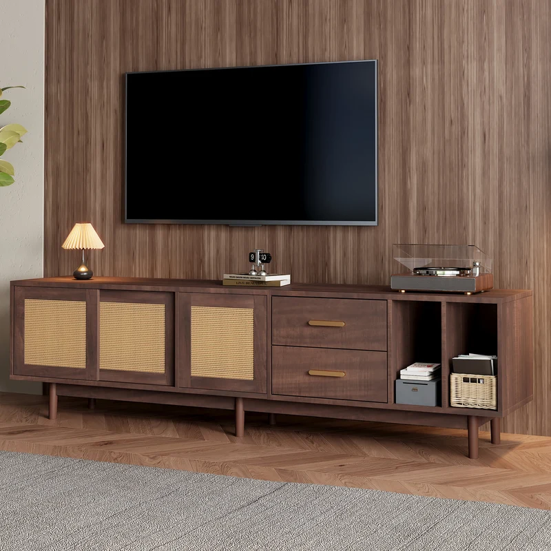 Meuble TV effet bois noyer et 3 portes en rotin 2 tiroirs 190x40x52 cm TERRALON