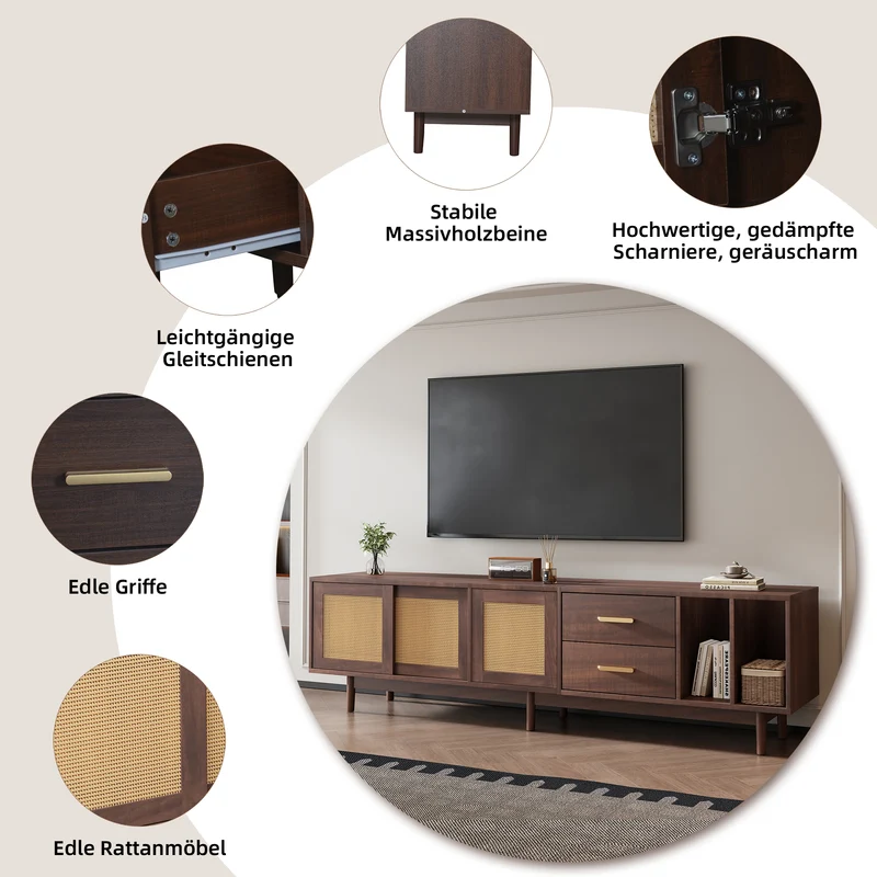 Meuble TV effet bois noyer et 3 portes en rotin 2 tiroirs 190x40x52 cm TERRALON