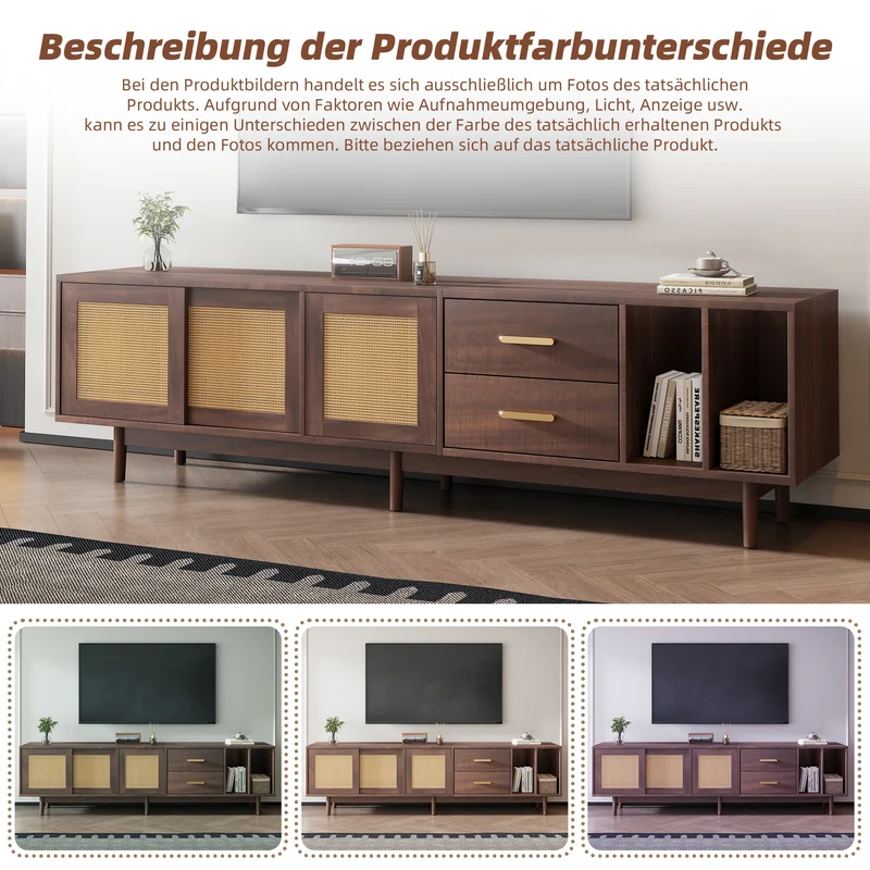 Meuble TV effet bois noyer et 3 portes en rotin 2 tiroirs 190x40x52 cm TERRALON